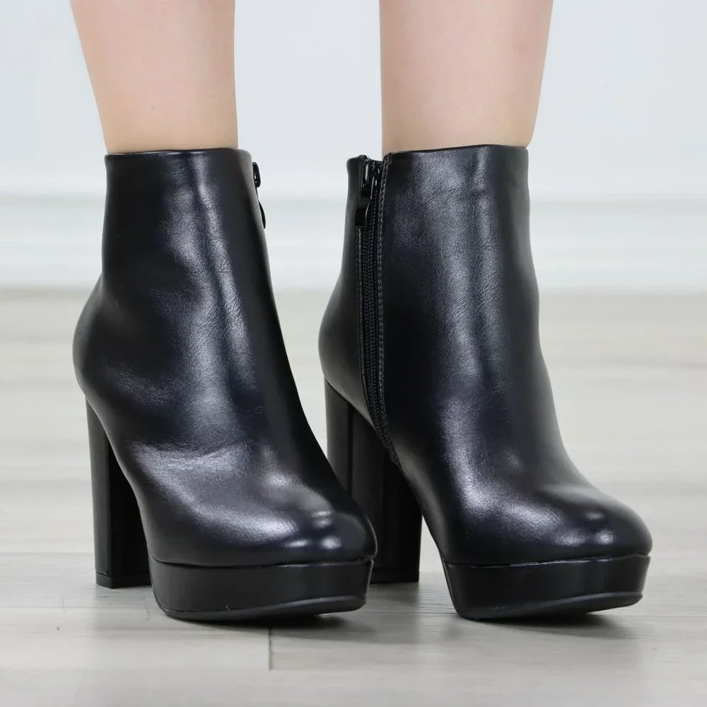 Womens Chunky Platform High Heeled Bootie Zip Up Black Ankle Boots Block Heel - Picture 11 of 15